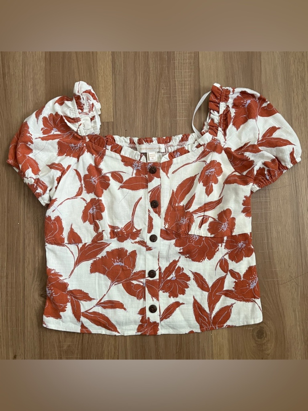 Monteau Women's Linen Blend Floral Crop Top Size XL NWT Ruched Puff Sleeves